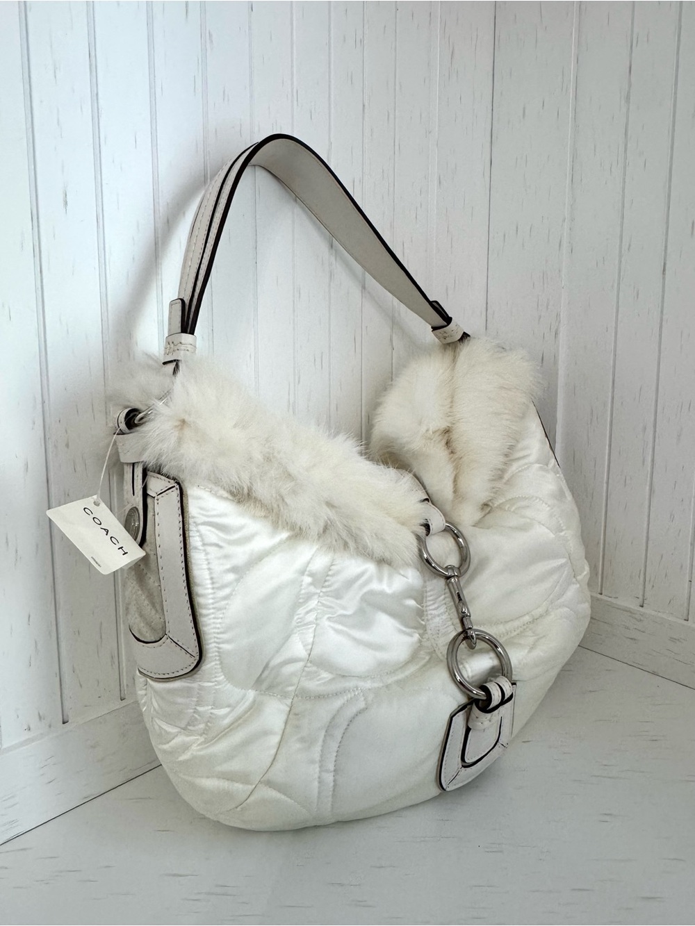 NWT, Y2K, Coach, Vintage, SoHo Ski, Cream Satin, Fur-Trim, Shoulder Bag